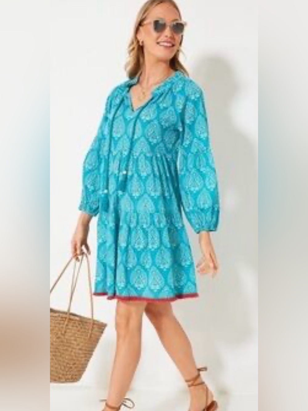 Turkernuck Tuscan Jamie beach dress. Blue white with rust hem. Long sleeves.